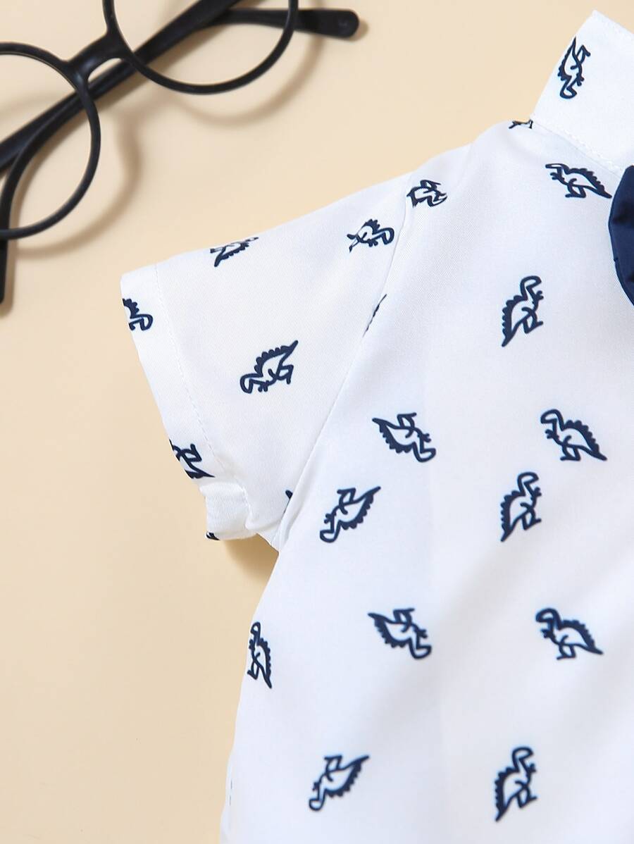 Cute Dinosaur Pattern Short Sleeve Jumpsuit with Matching Suspender Overall Shorts for Baby Boys