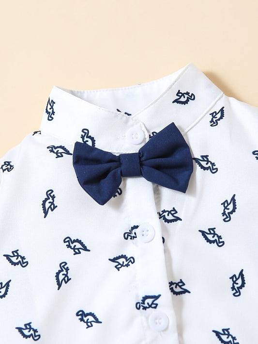Cute Dinosaur Pattern Short Sleeve Jumpsuit with Matching Suspender Overall Shorts for Baby Boys