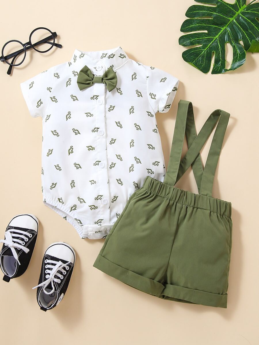 Cute Dinosaur Pattern Short Sleeve Jumpsuit with Matching Suspender Overall Shorts for Baby Boys