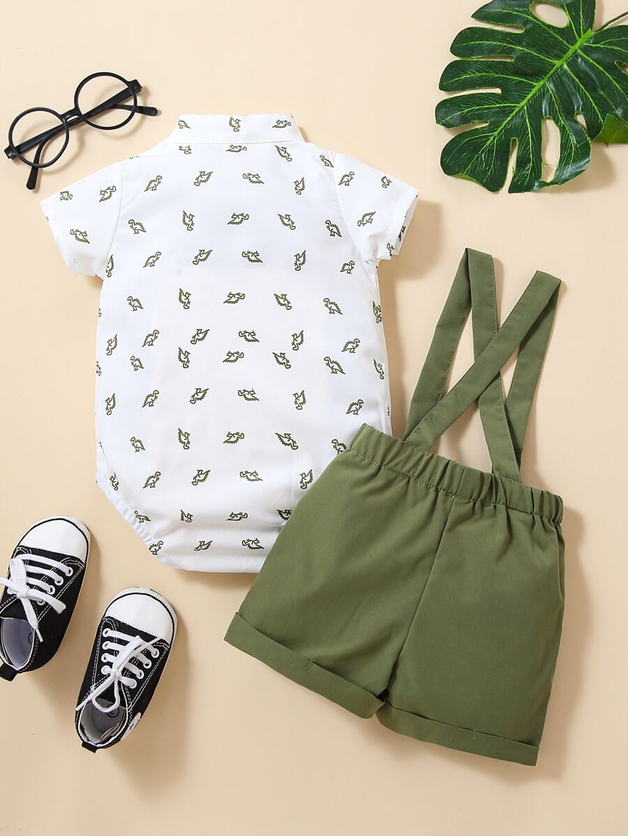 Cute Dinosaur Pattern Short Sleeve Jumpsuit with Matching Suspender Overall Shorts for Baby Boys