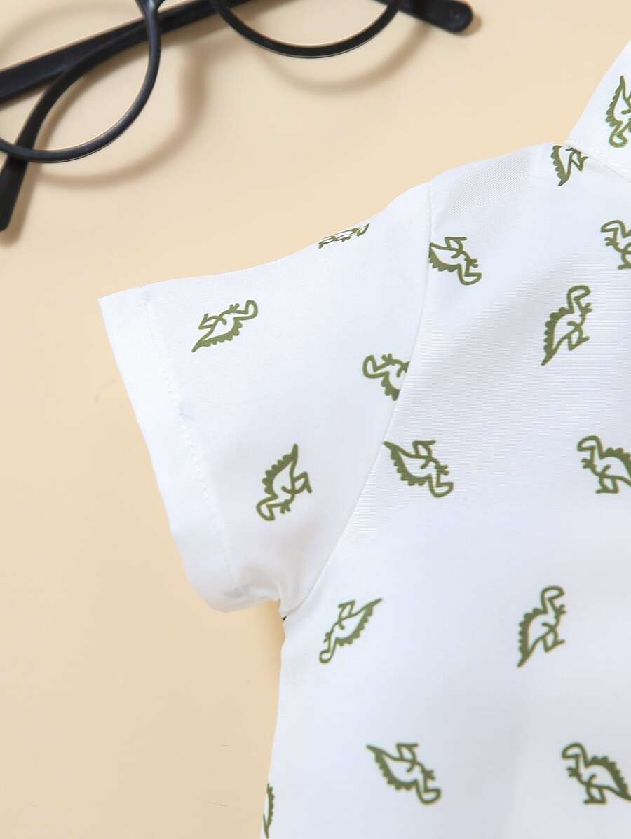 Cute Dinosaur Pattern Short Sleeve Jumpsuit with Matching Suspender Overall Shorts for Baby Boys