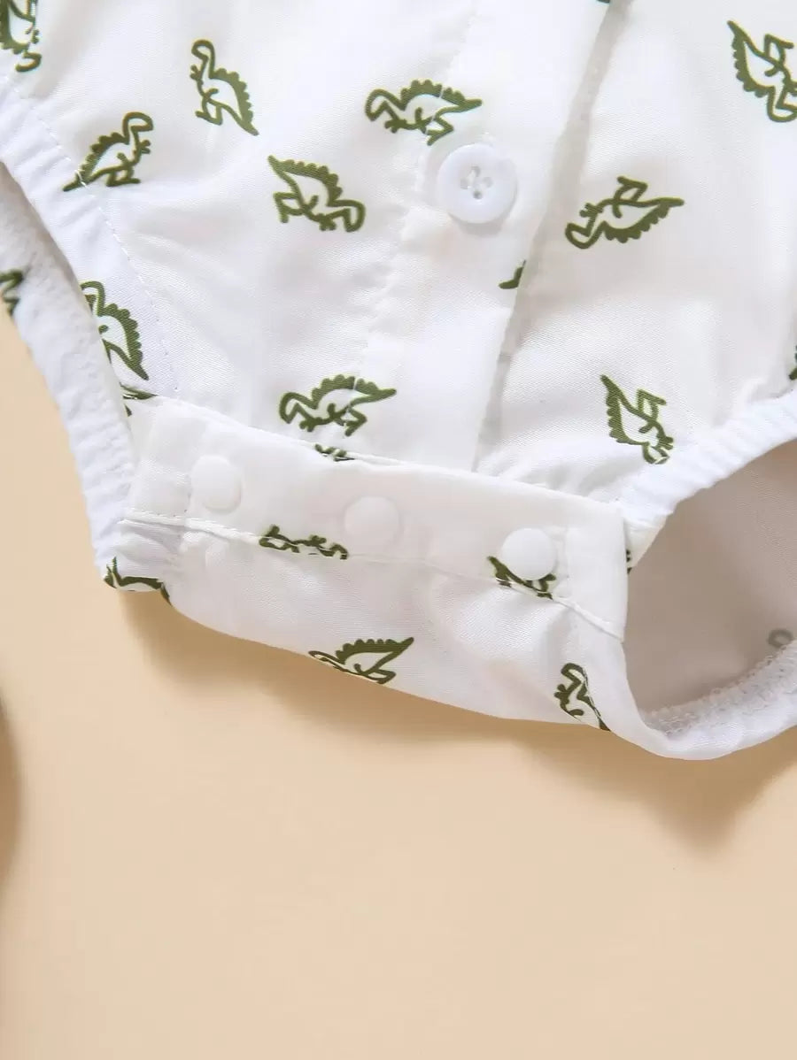 Cute Dinosaur Pattern Short Sleeve Jumpsuit with Matching Suspender Overall Shorts for Baby Boys