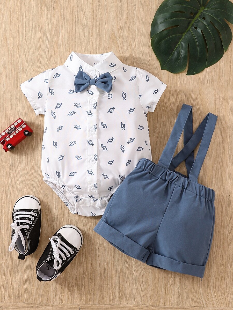 Cute Dinosaur Pattern Short Sleeve Jumpsuit with Matching Suspender Overall Shorts for Baby Boys