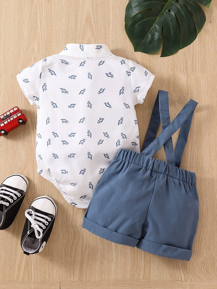 Cute Dinosaur Pattern Short Sleeve Jumpsuit with Matching Suspender Overall Shorts for Baby Boys