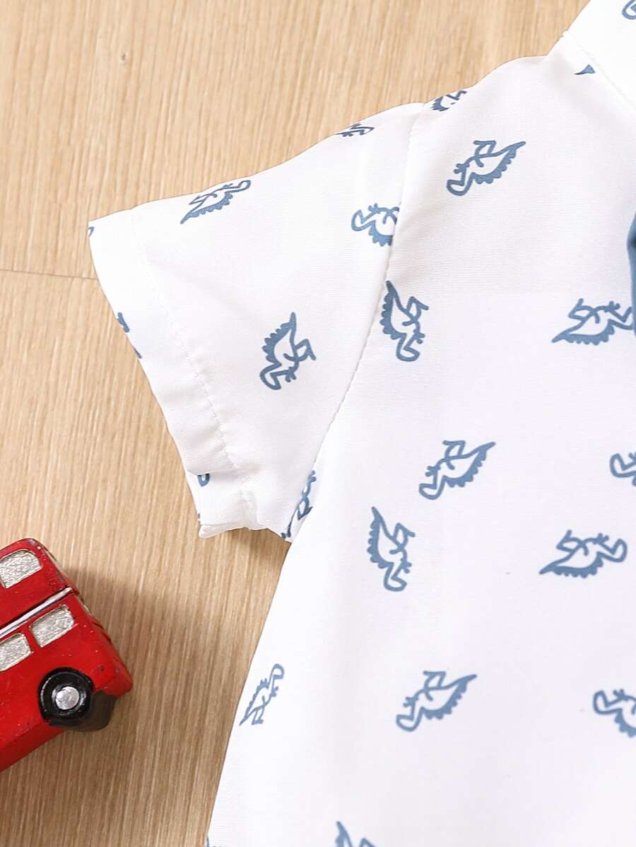 Cute Dinosaur Pattern Short Sleeve Jumpsuit with Matching Suspender Overall Shorts for Baby Boys