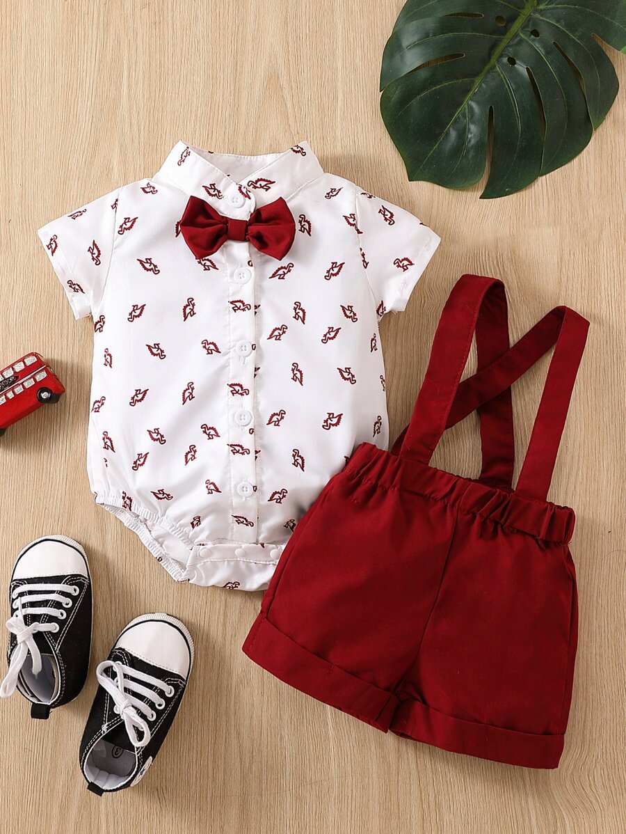 Cute Dinosaur Pattern Short Sleeve Jumpsuit with Matching Suspender Overall Shorts for Baby Boys