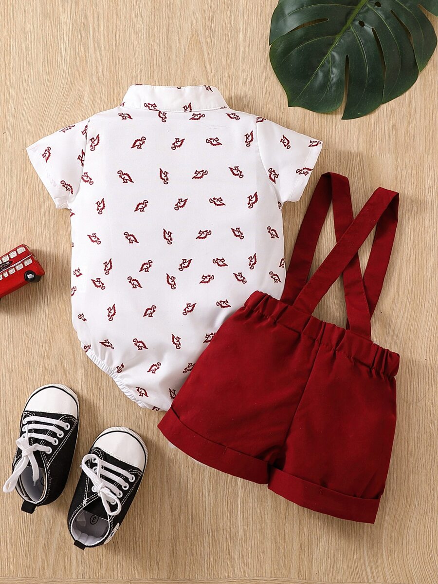 Cute Dinosaur Pattern Short Sleeve Jumpsuit with Matching Suspender Overall Shorts for Baby Boys