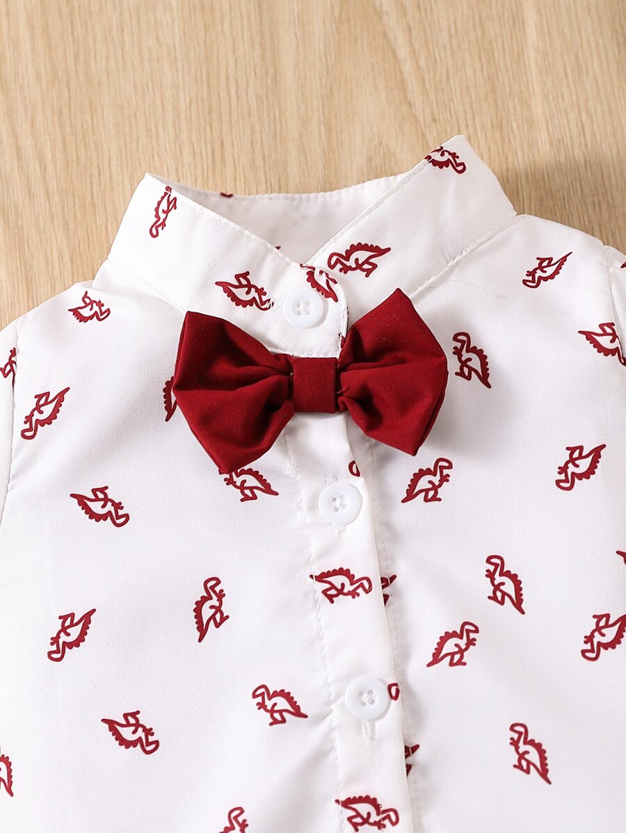 Cute Dinosaur Pattern Short Sleeve Jumpsuit with Matching Suspender Overall Shorts for Baby Boys