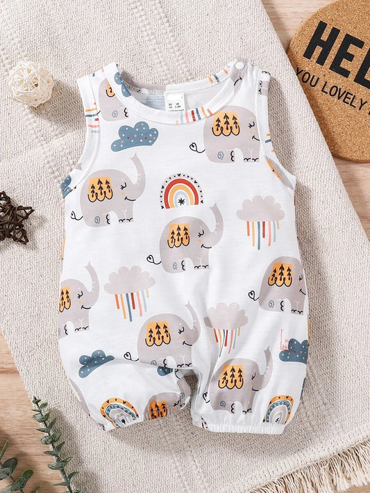 Baby Boy Elephant and Cloud Print Sleeveless Romper Cute Summer One Piece Outfit