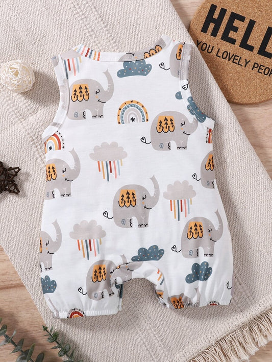 Baby Boy Elephant and Cloud Print Sleeveless Romper Cute Summer One Piece Outfit