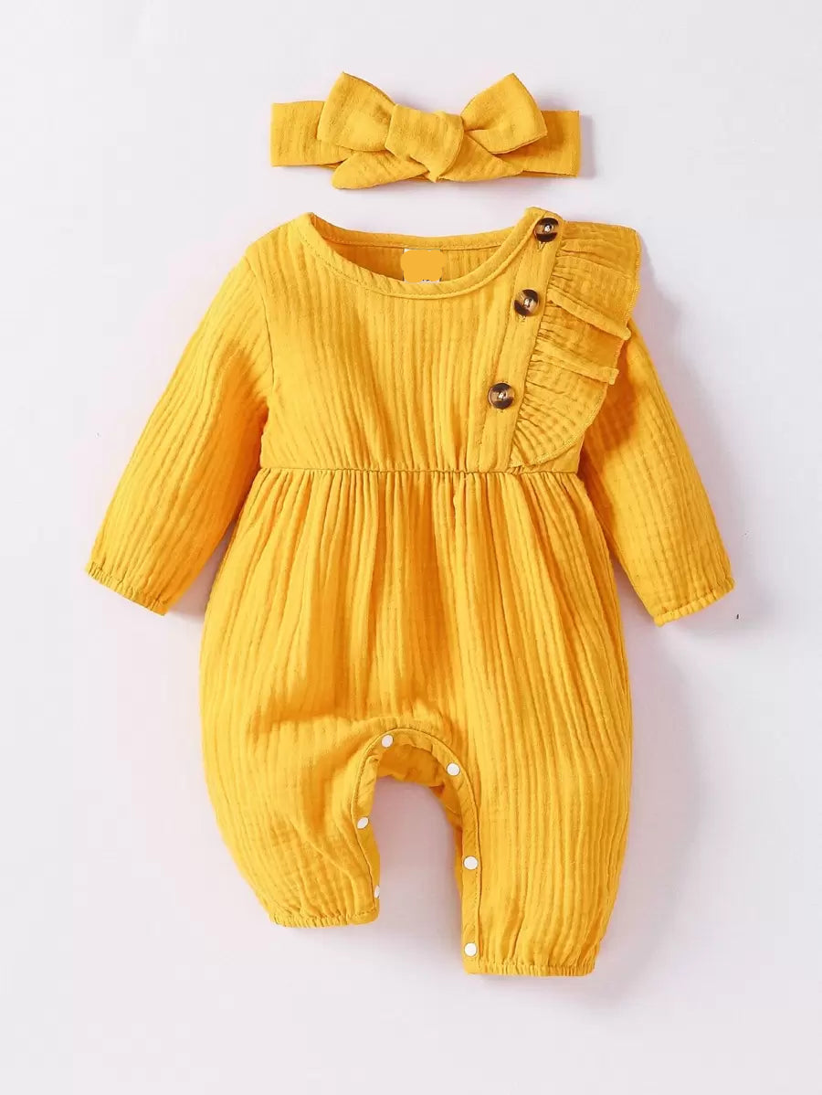 Baby Ruffle Trim Textured Jumpsuit and Headband Set for Cute Daily Wear