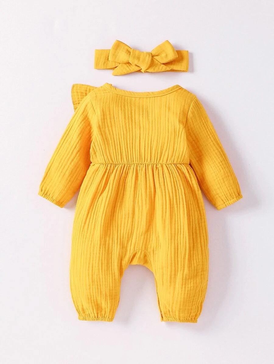 Baby Ruffle Trim Textured Jumpsuit and Headband Set for Cute Daily Wear