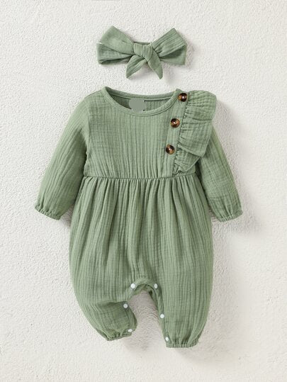 Baby Ruffle Trim Textured Jumpsuit and Headband Set for Cute Daily Wear