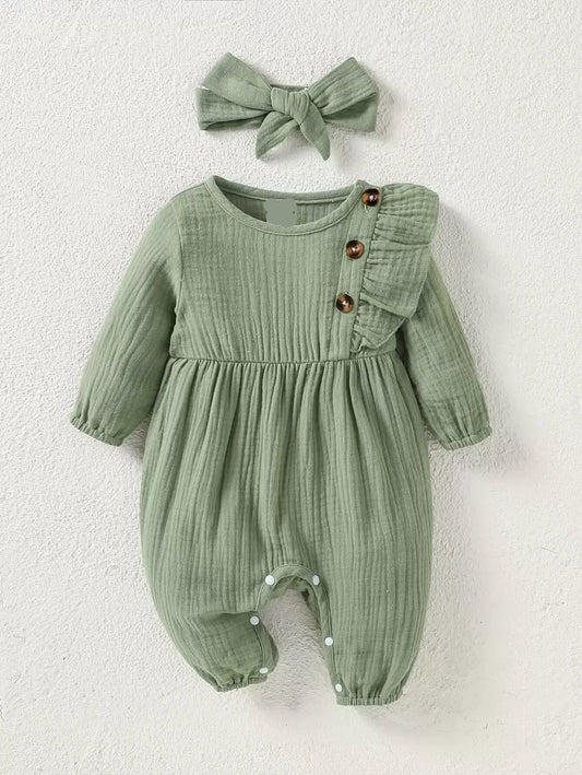 Baby Ruffle Trim Textured Jumpsuit and Headband Set for Cute Daily Wear