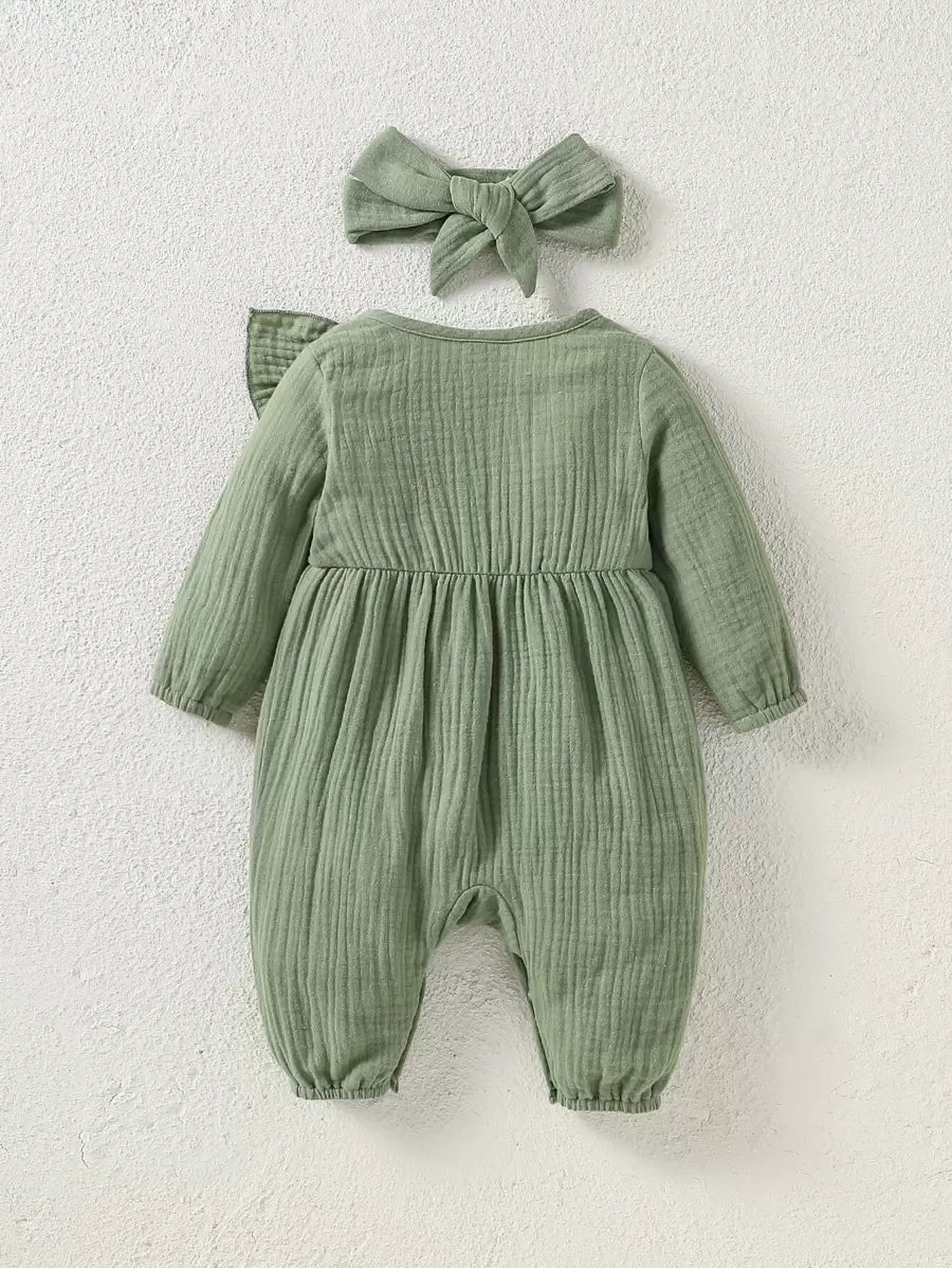 Baby Ruffle Trim Textured Jumpsuit and Headband Set for Cute Daily Wear