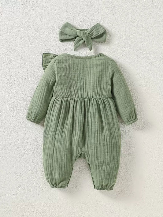 Baby Ruffle Trim Textured Jumpsuit and Headband Set for Cute Daily Wear