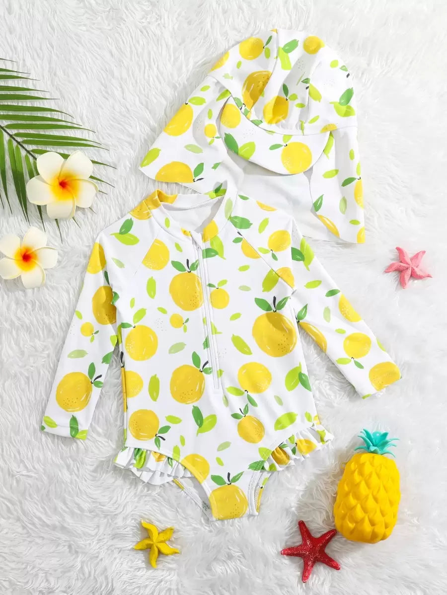 Baby Girls Orange Print One Piece Swimsuit With Hat Summer Beachwear Set