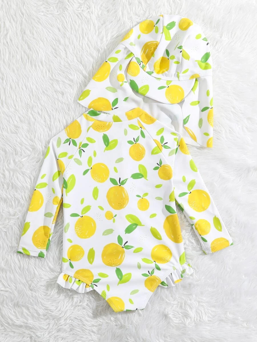 Baby Girls Orange Print One Piece Swimsuit With Hat Summer Beachwear Set