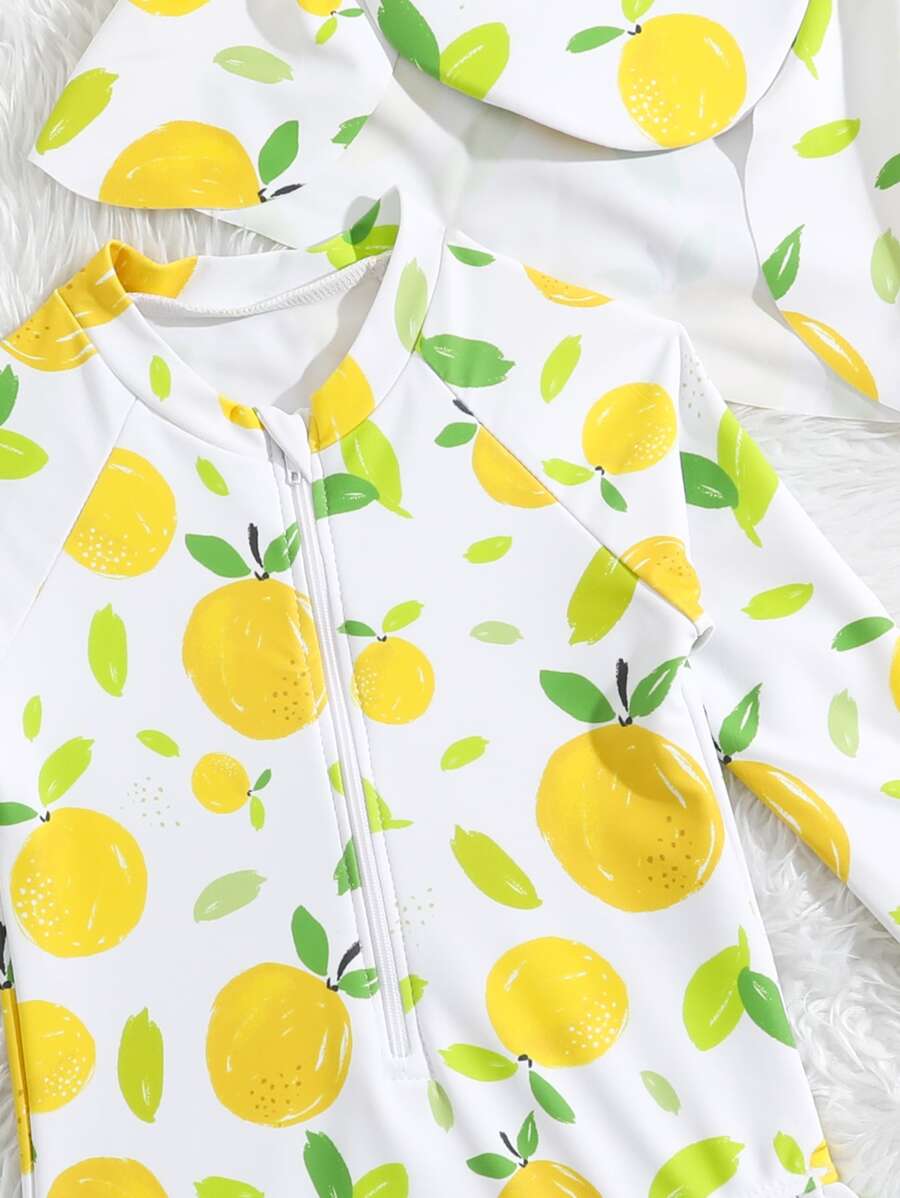 Baby Girls Orange Print One Piece Swimsuit With Hat Summer Beachwear Set