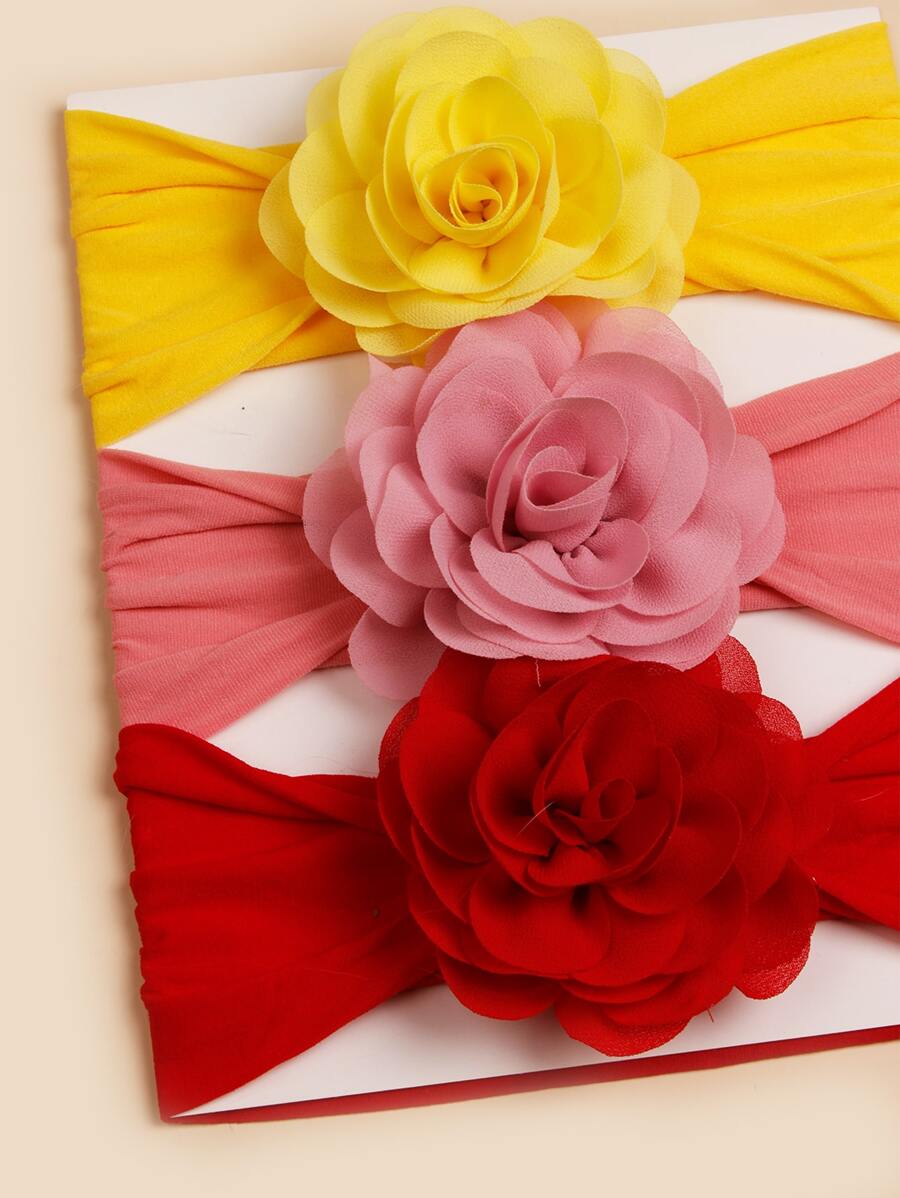 3pcs Rose Flower Pink Baby Headbands for Birthday and Valentines Wear