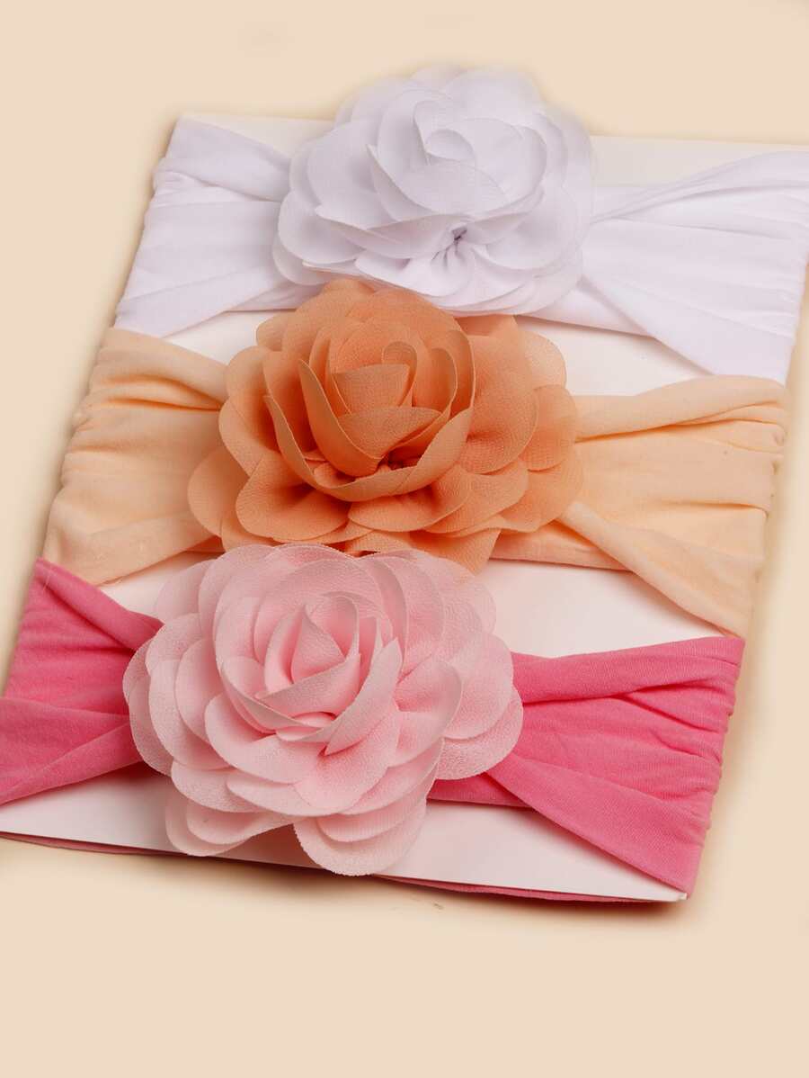 3pcs Rose Flower Pink Baby Headbands for Birthday and Valentines Wear