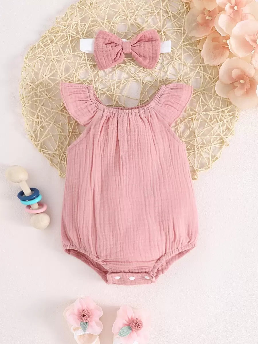Baby Floral and Grass Print Ruffle Sleeve Romper with Headband for Summer Outings