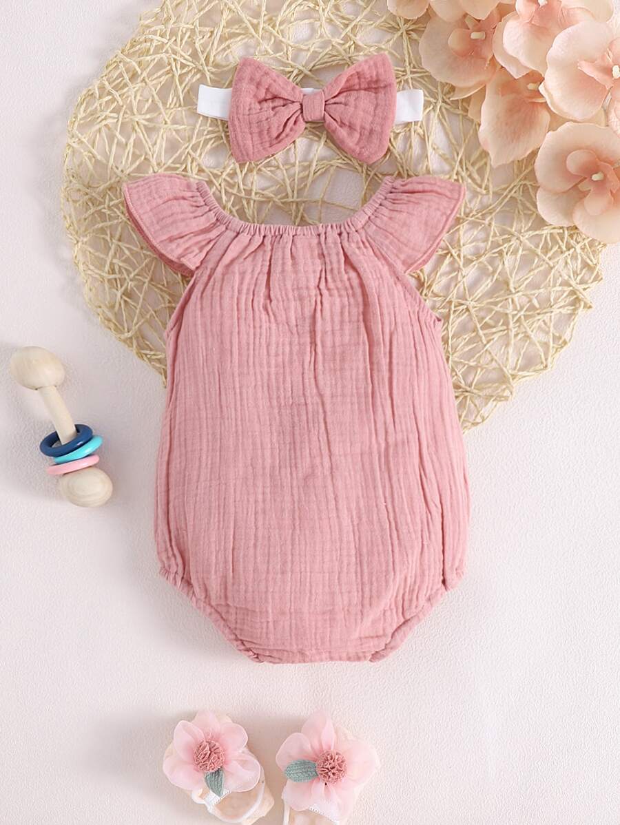 Baby Floral and Grass Print Ruffle Sleeve Romper with Headband for Summer Outings