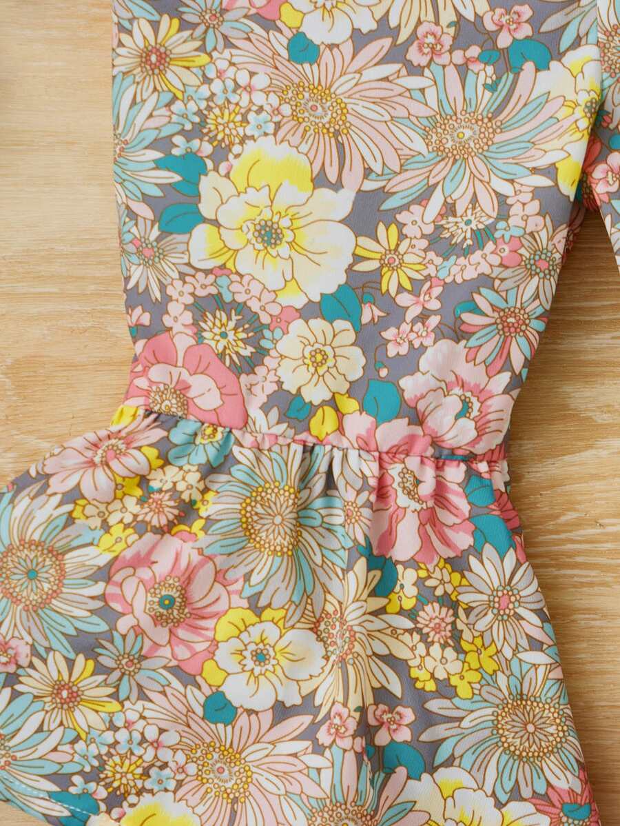 Baby Girl Floral Print Ruffle Trim Jumpsuit Cute Casual Summer Outfit