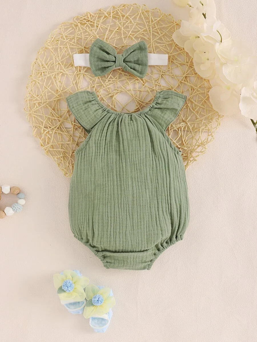 Baby Floral and Grass Print Ruffle Sleeve Romper with Headband for Summer Outings