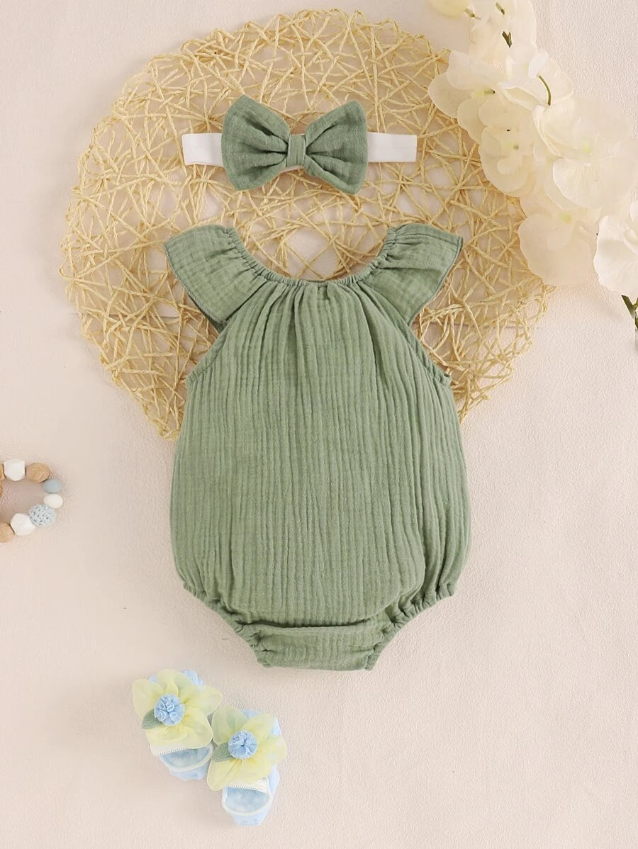 Lemon Print Ruffle Trim Bodysuit and Headband Set for Cute Summer Daily Wear