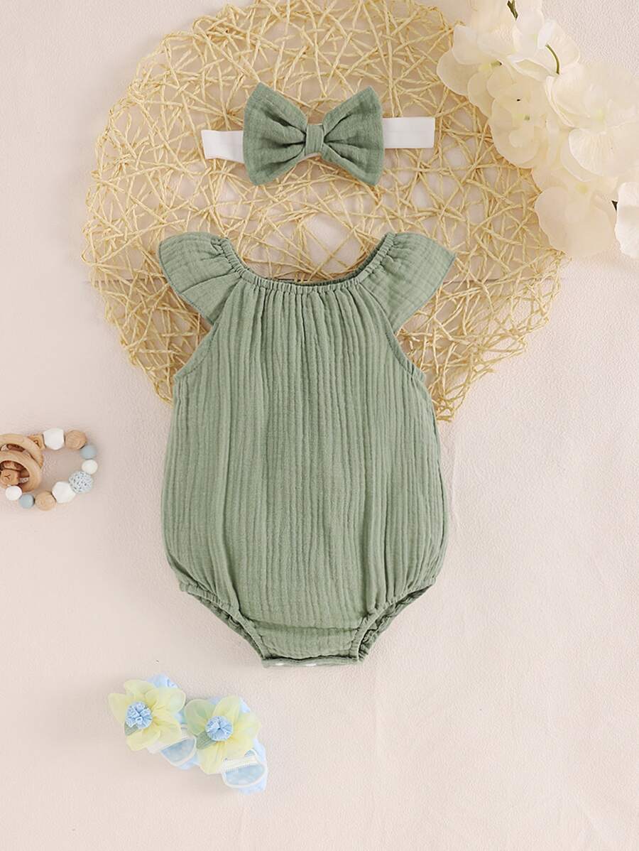 Lemon Print Ruffle Trim Bodysuit and Headband Set for Cute Summer Daily Wear