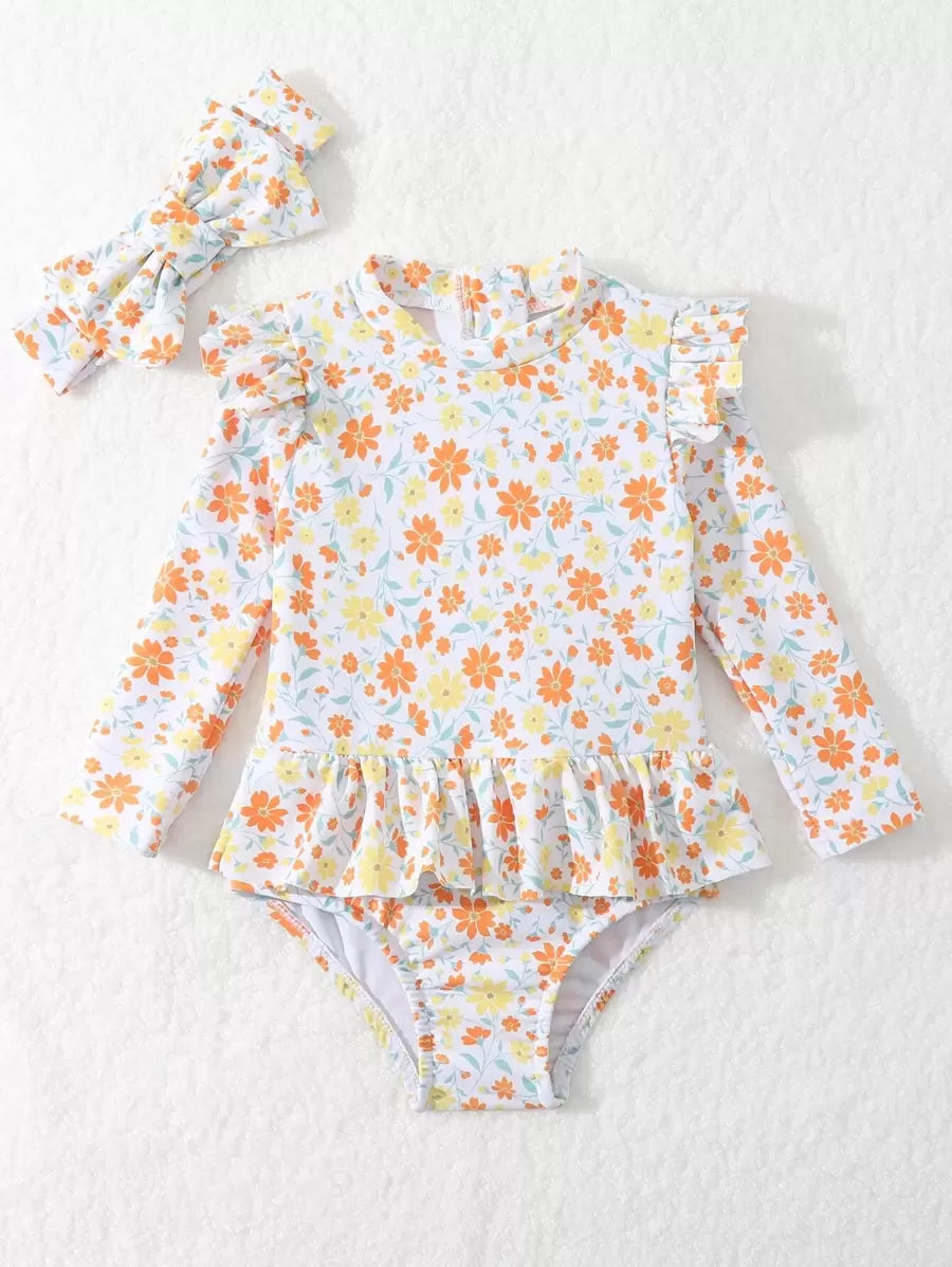Little Girls Floral Ruffle Swimwear And Matching Headband Summer Vacation Outfit