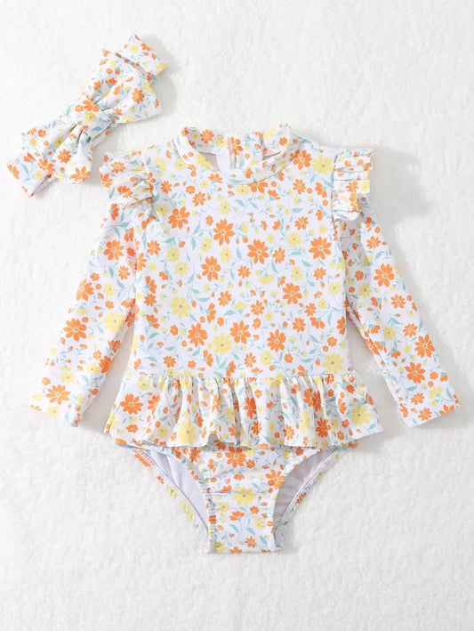 Little Girls Floral Ruffle Swimwear And Matching Headband Summer Vacation Outfit
