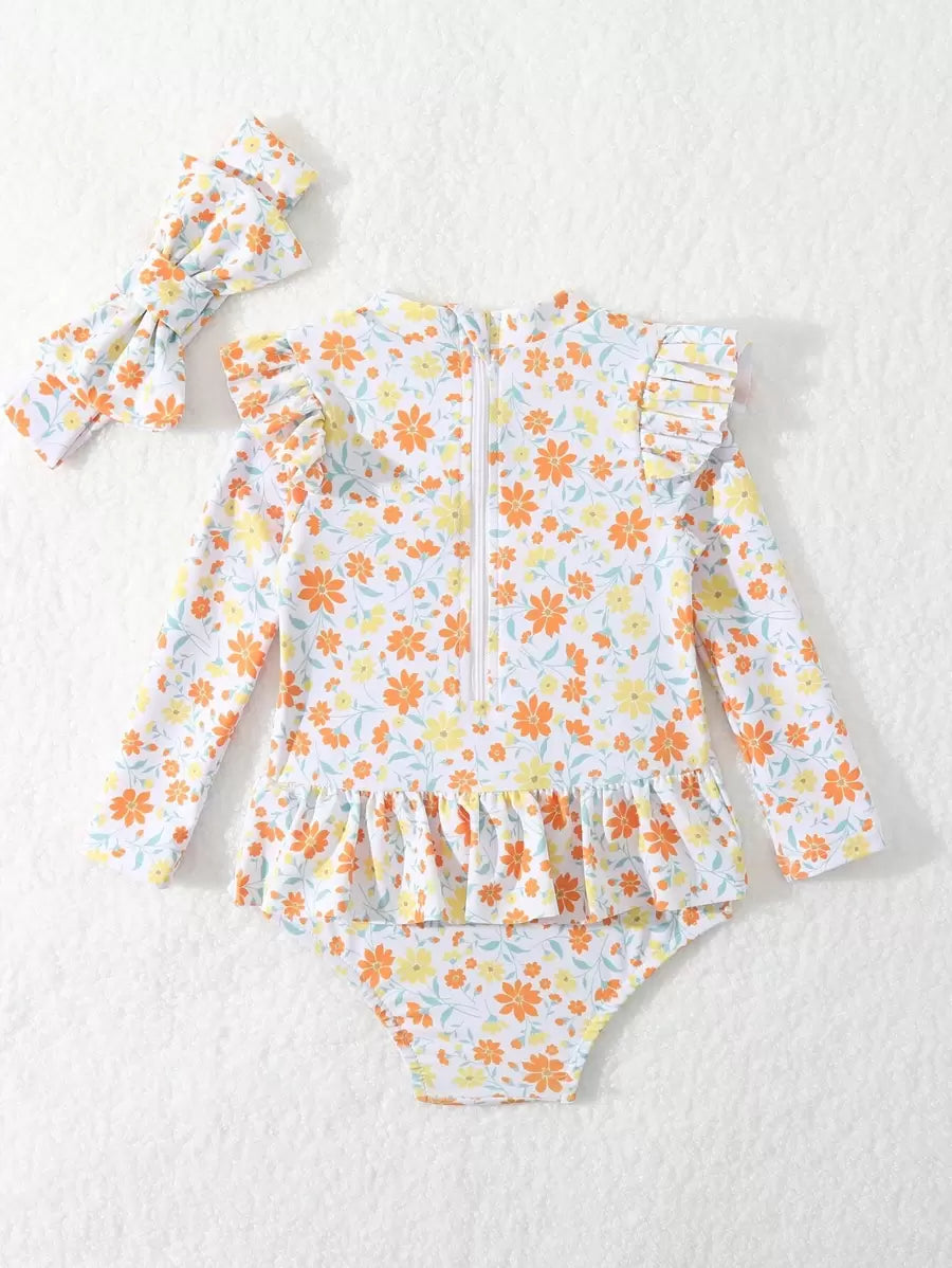 Little Girls Floral Ruffle Swimwear And Matching Headband Summer Vacation Outfit