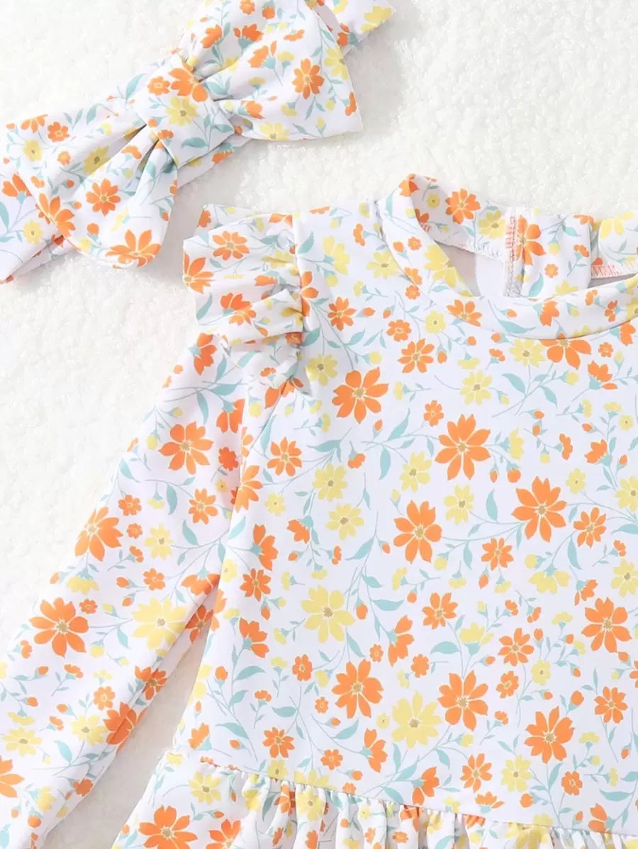 Little Girls Floral Ruffle Swimwear And Matching Headband Summer Vacation Outfit
