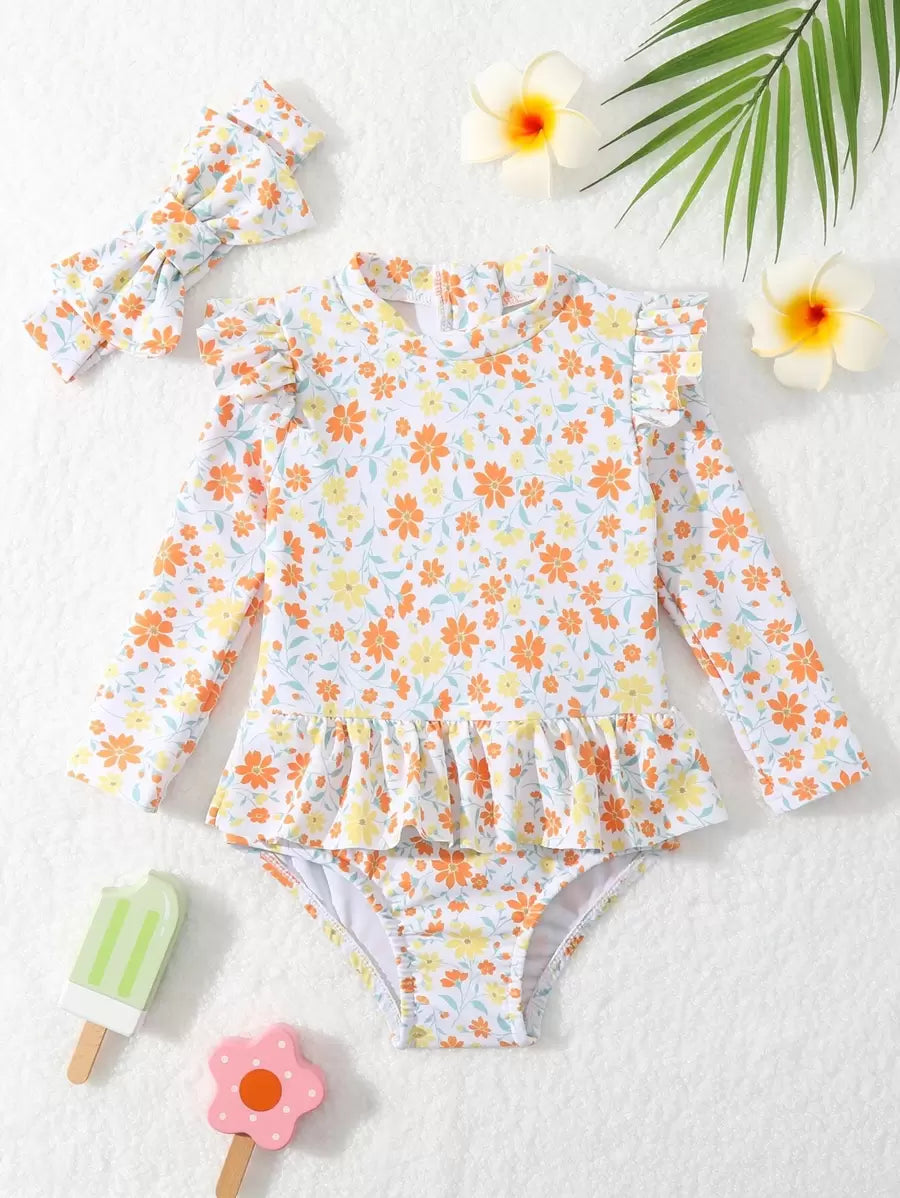 Little Girls Floral Ruffle Swimwear And Matching Headband Summer Vacation Outfit