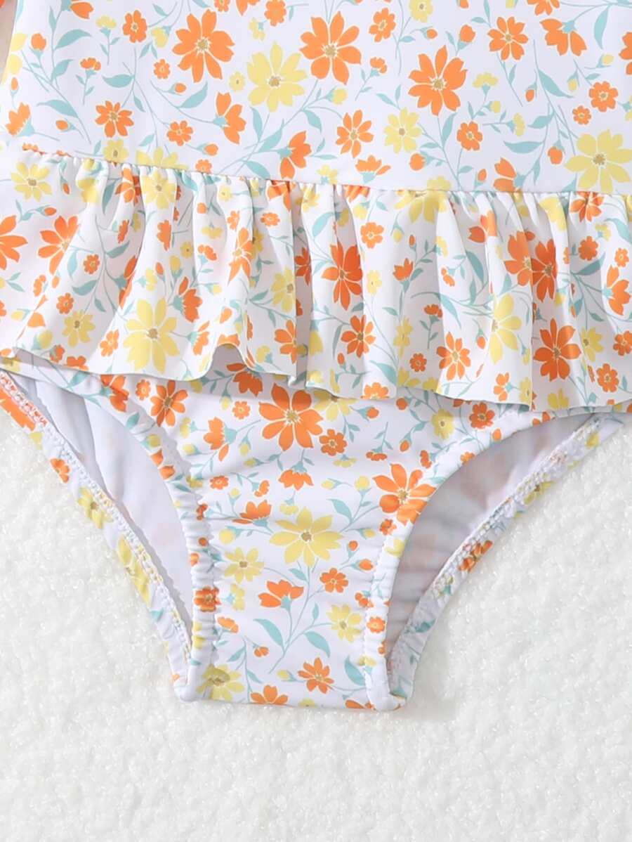 Little Girls Floral Ruffle Swimwear And Matching Headband Summer Vacation Outfit