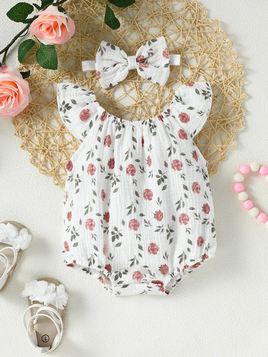 Baby Floral and Grass Print Ruffle Sleeve Romper with Headband for Summer Outings