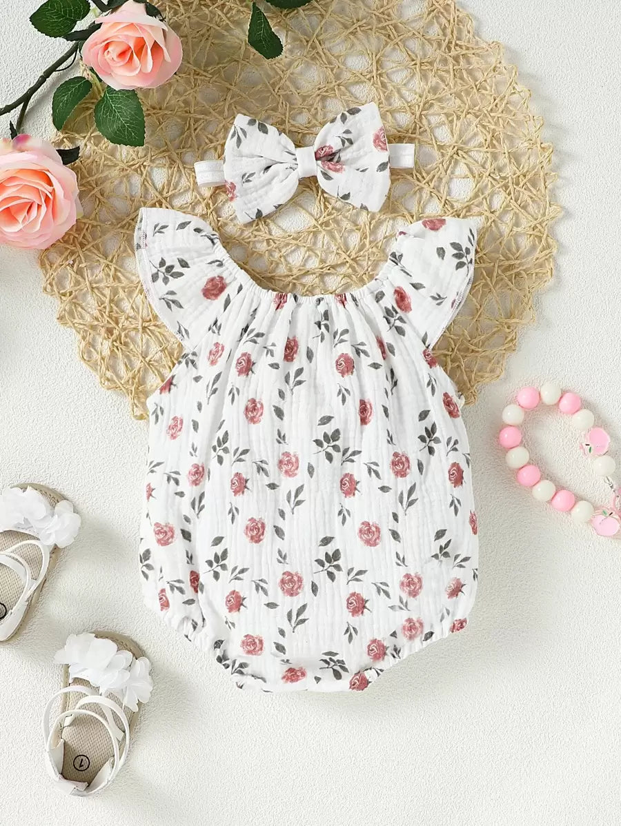 Baby Floral and Grass Print Ruffle Sleeve Romper with Headband for Summer Outings