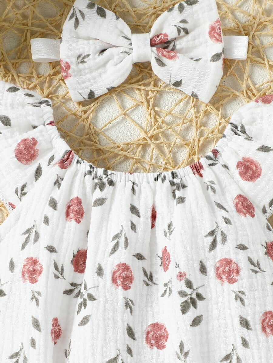 Lemon Print Ruffle Trim Bodysuit and Headband Set for Cute Summer Daily Wear