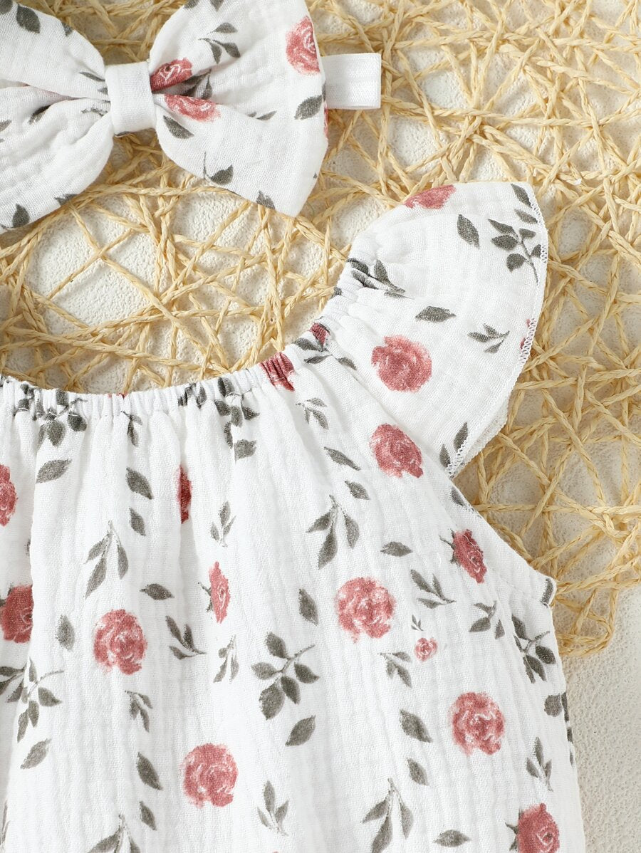 Lemon Print Ruffle Trim Bodysuit and Headband Set for Cute Summer Daily Wear