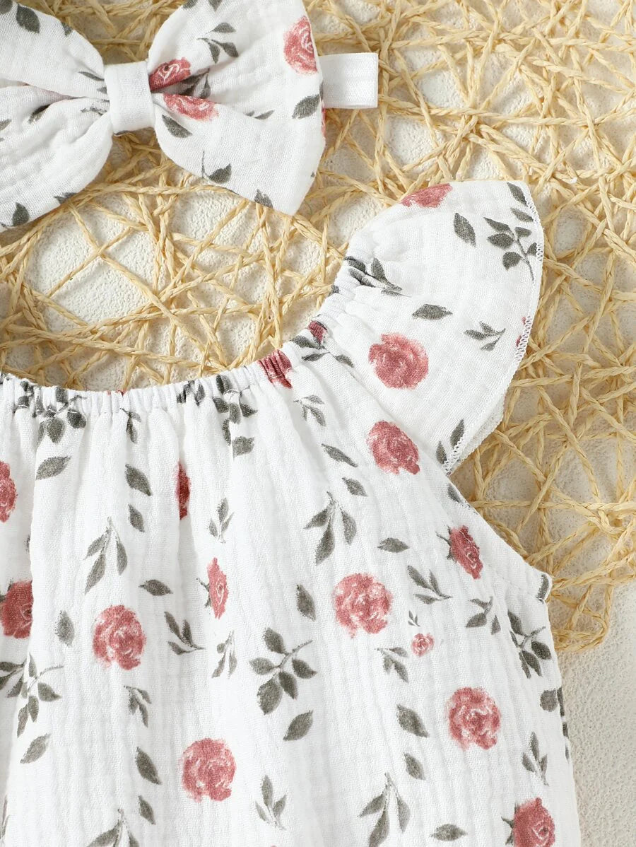 Baby Floral and Grass Print Ruffle Sleeve Romper with Headband for Summer Outings