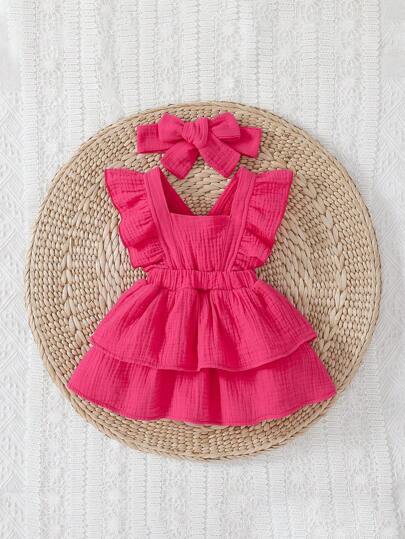 Baby Ruffle Trim Layer Hem Dress and Headband Set for Cute Daily Wear