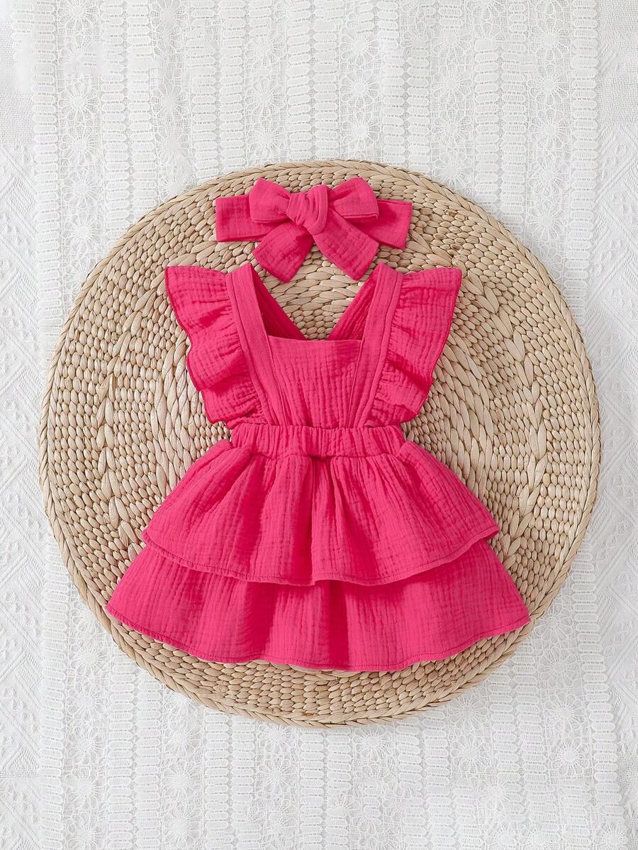 Baby Ruffle Trim Layer Hem Dress and Headband Set for Cute Daily Wear