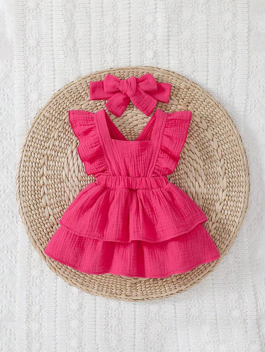 Baby Ruffle Trim Layer Hem Dress and Headband Set for Cute Daily Wear