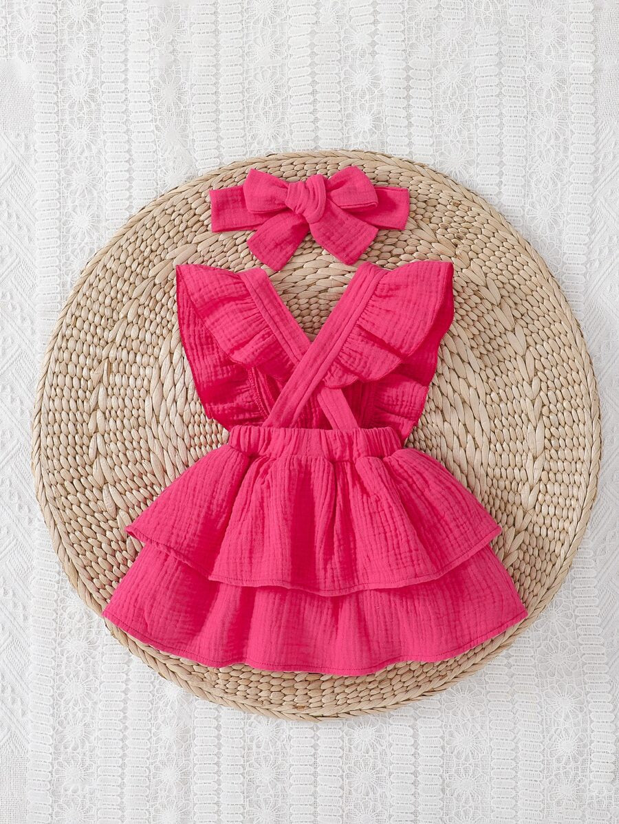 Baby Ruffle Trim Layer Hem Dress and Headband Set for Cute Daily Wear
