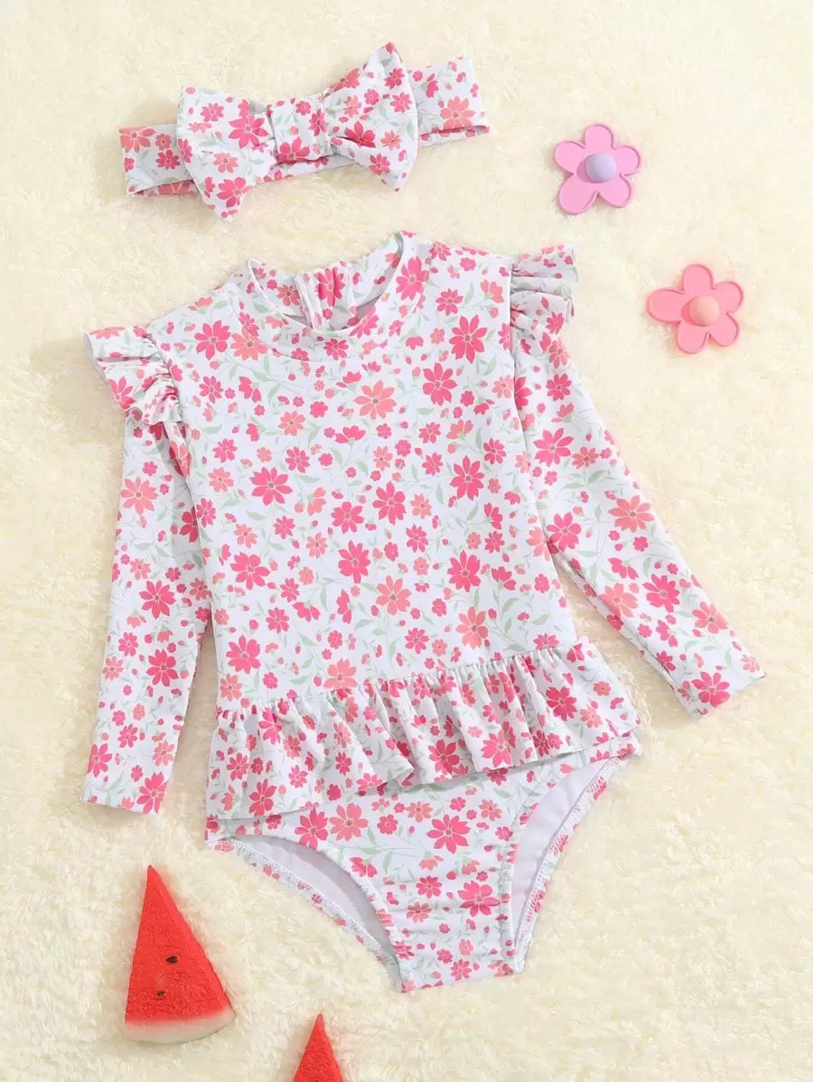 Little Girls Floral Ruffle Swimwear And Matching Headband Summer Vacation Outfit
