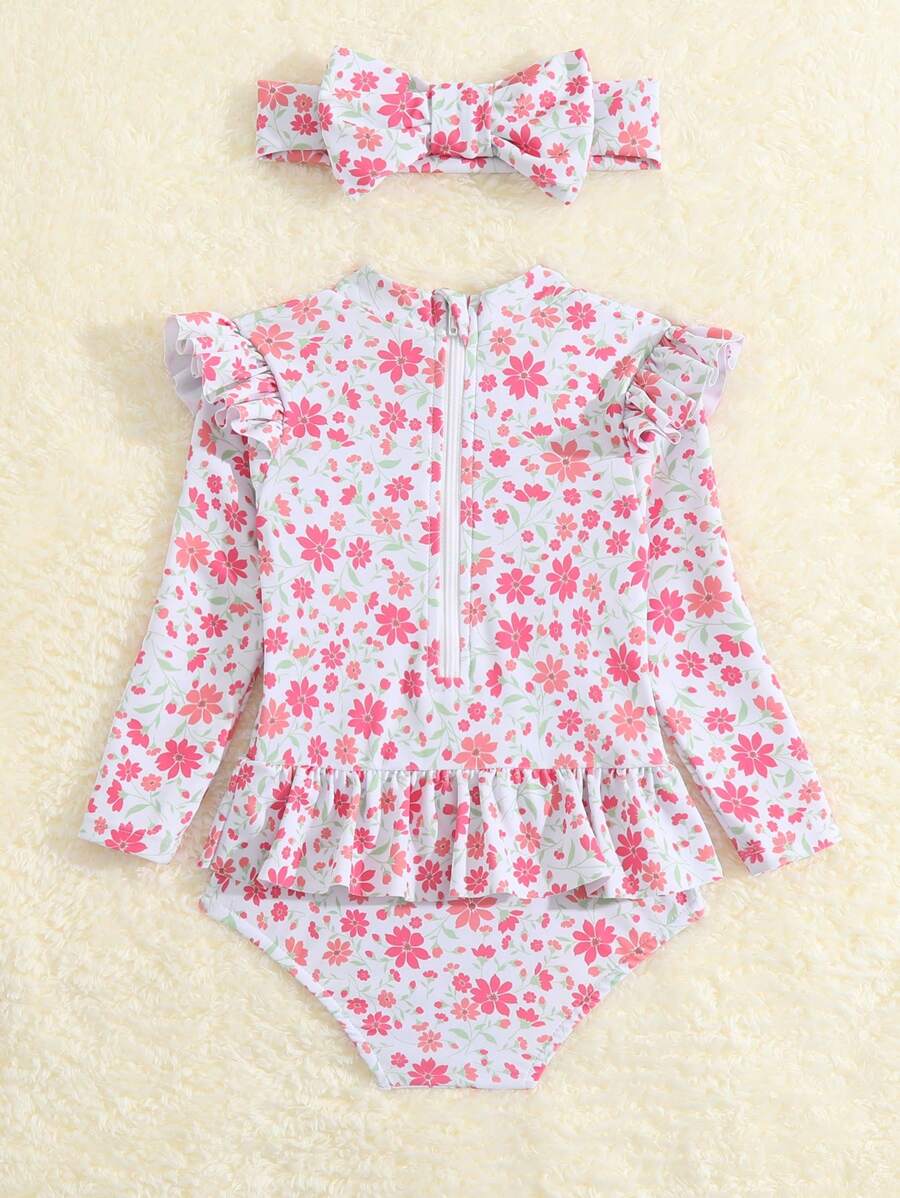 Little Girls Floral Ruffle Swimwear And Matching Headband Summer Vacation Outfit
