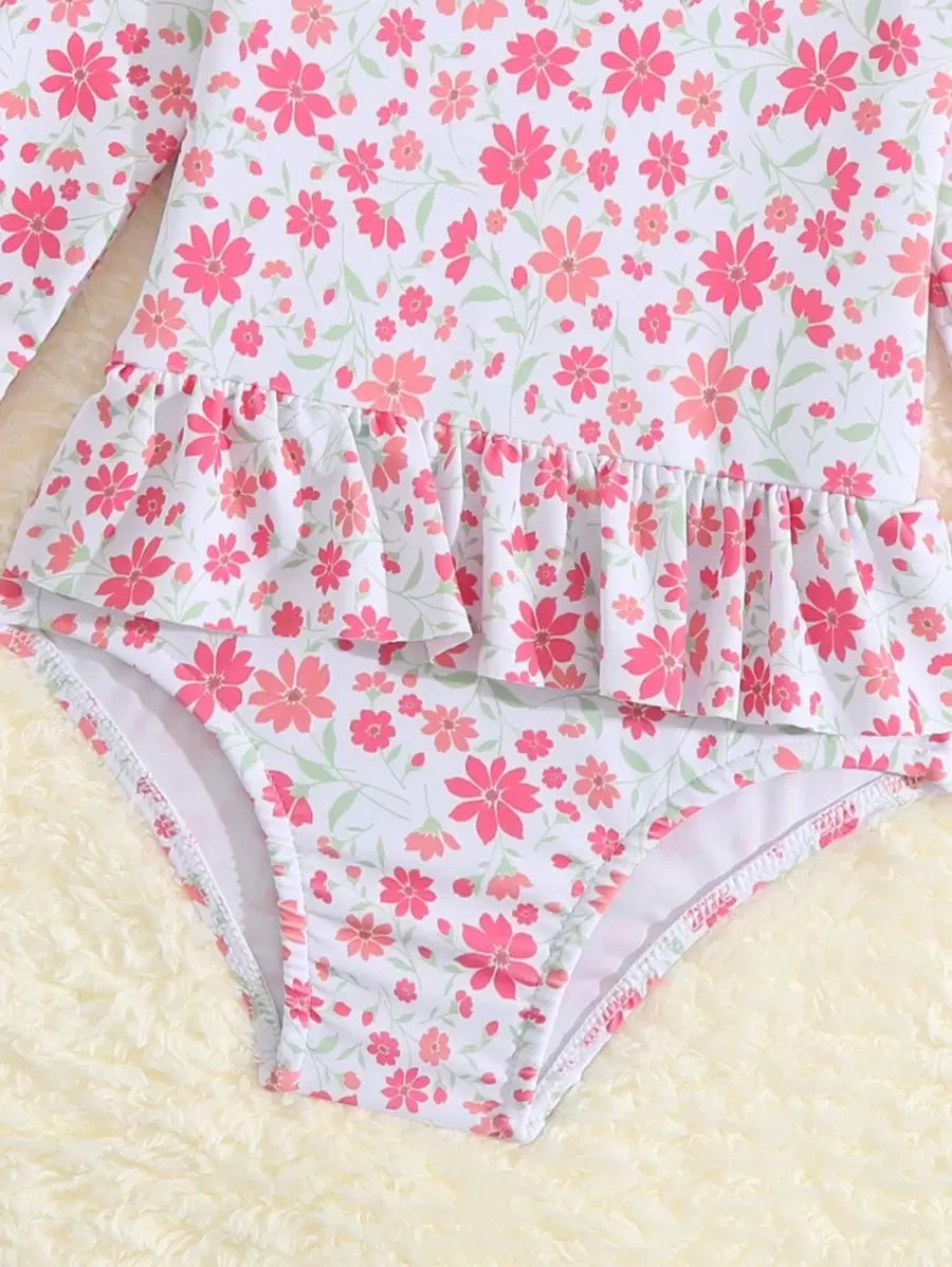 Little Girls Floral Ruffle Swimwear And Matching Headband Summer Vacation Outfit