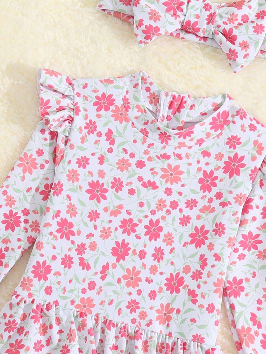 Little Girls Floral Ruffle Swimwear And Matching Headband Summer Vacation Outfit